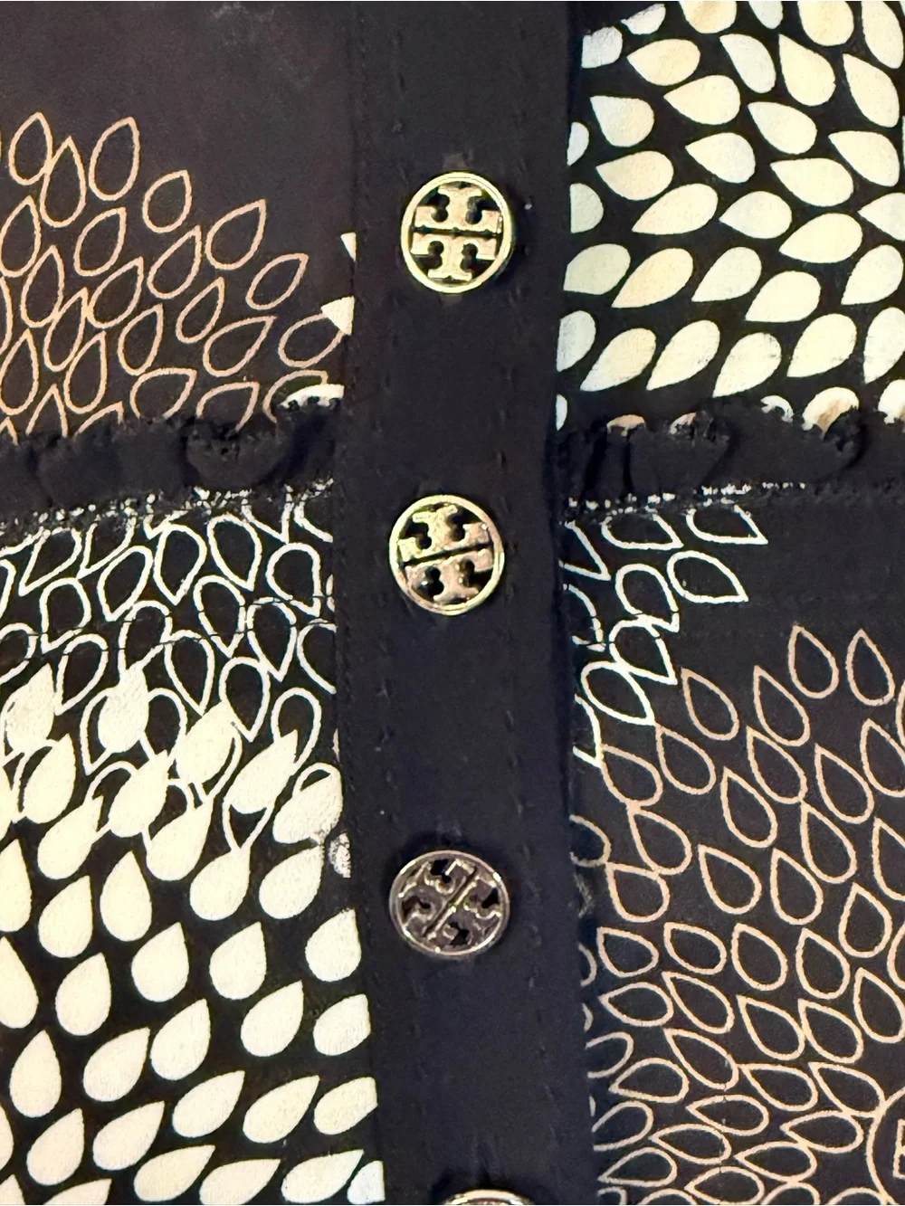 Tory Burch Black Long-Sleeve Henley Top with Taupe & Ivory Floral Medallions